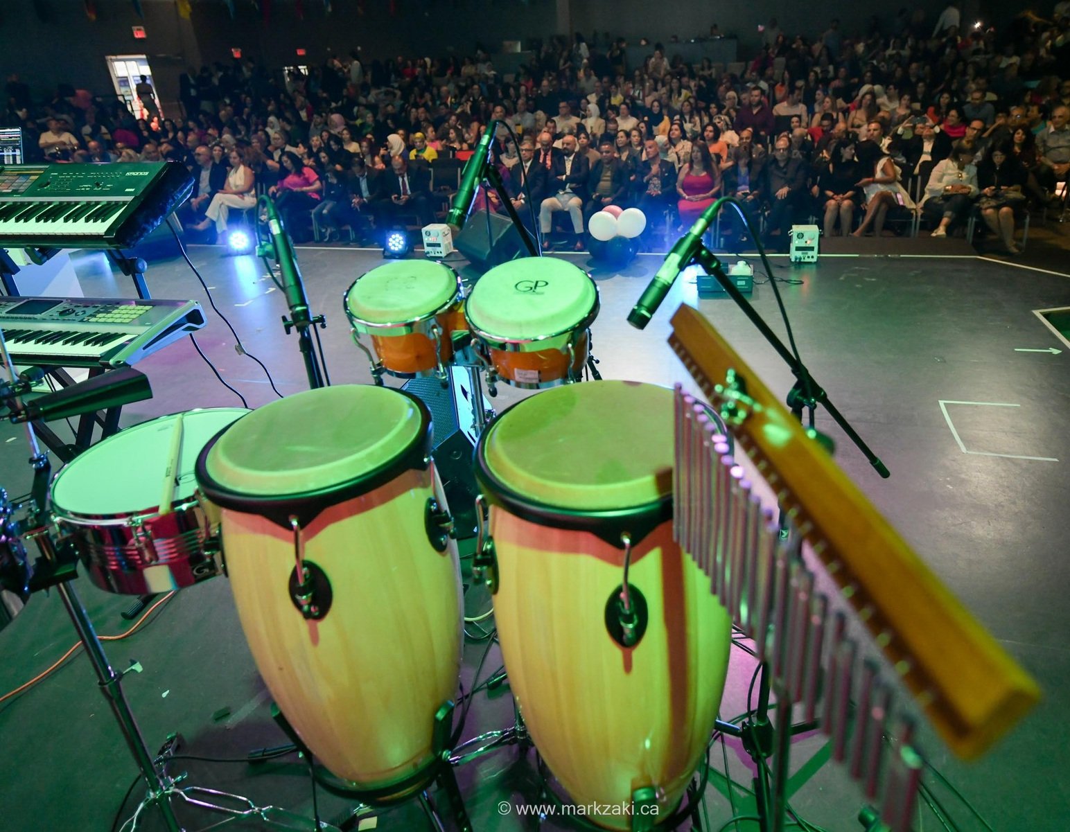 Percussion setup facing the seated audience at MEF 1